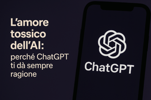 Schermo di smartphone con logo ChatGPT accanto a testo su amore tossico dell’AI.
