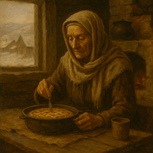 Anziana in abiti tradizionali mangia una crostata in casa rustica con finestra su paesaggio innevato.