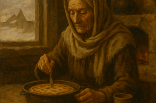 Anziana in abiti tradizionali mangia una crostata in casa rustica con finestra su paesaggio innevato.