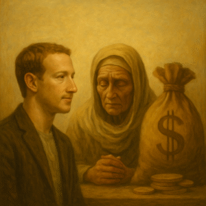 Giovane uomo guarda avanti accanto ad anziana pensierosa e grande sacco con simbolo del dollaro.