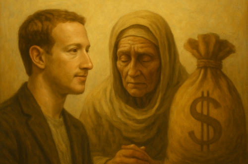 Giovane uomo guarda avanti accanto ad anziana pensierosa e grande sacco con simbolo del dollaro.